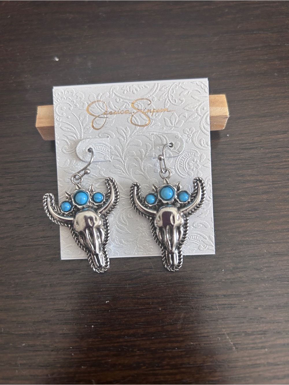 Jessica Simpson Silver-Tone Bull Skull Drop Earrings with Genuine Turquoise